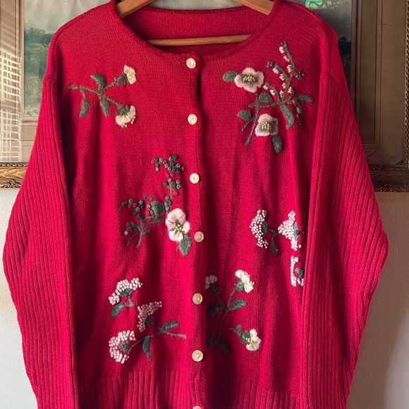 Red Knit Cardigan with Felted Flowers - Picture 3 of 5